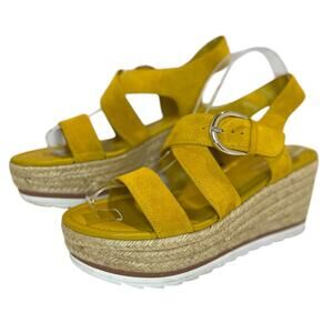 Marc Fisher Zain Yellow Buckle Strap Wedge Heel Suede Espadrille Sandals 8 1/2 M